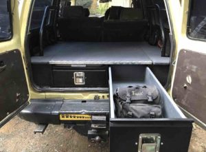 80 series land cruiser twin drawer system with folding table, right side drawer extended