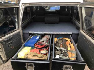 Nissan Patrol Y60 storage drawers with both drawers extended