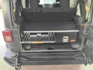 Twin drawers at the rear of the Jeep with table extended