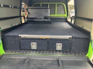 custom twin drawer system on a 79 single cab with folding table