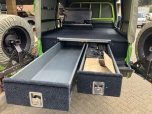 custom twin drawer system on a 79 single cab with two drawers open