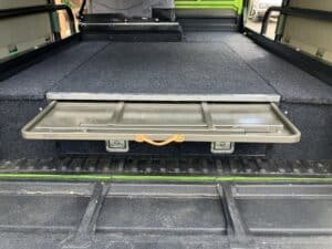 custom twin drawer system on a 79 single cab with table partially removed